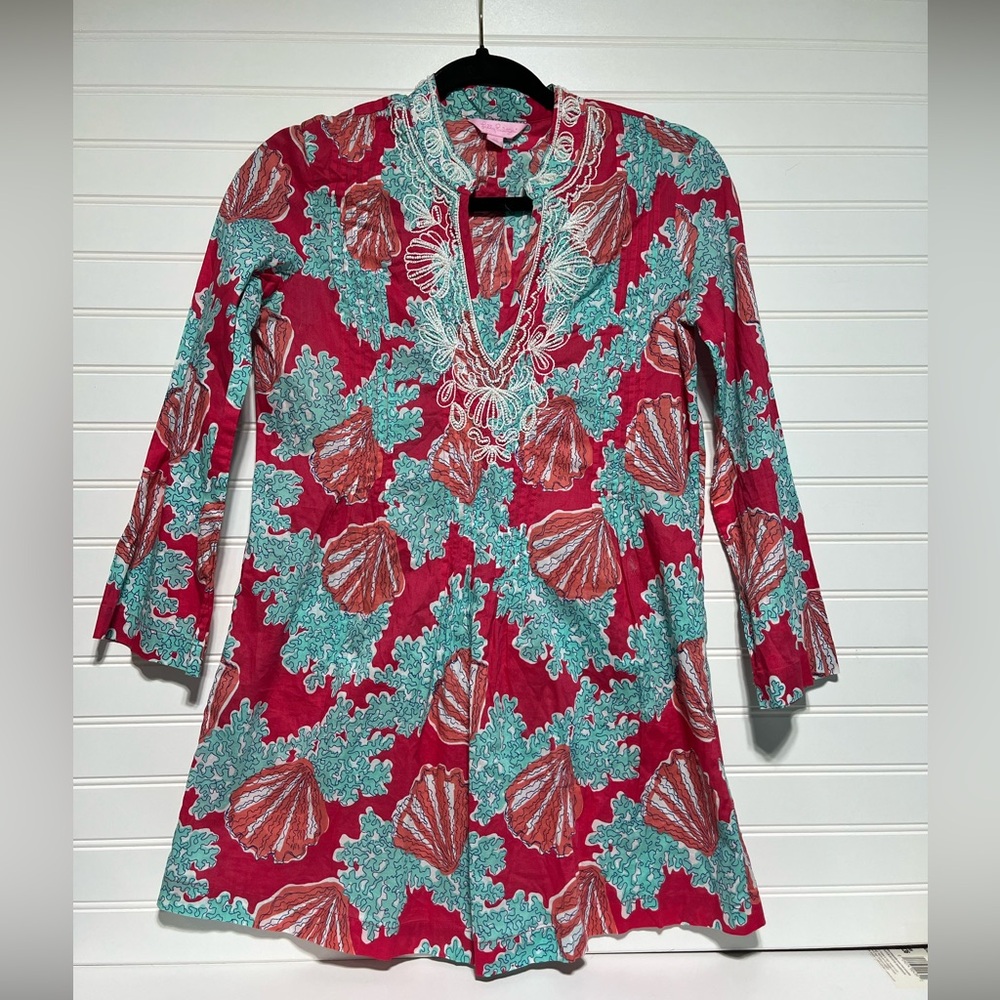 Lilly Pulitzer Women's Beaded Tunic Top, pink and blue, cover up, preppy, XS